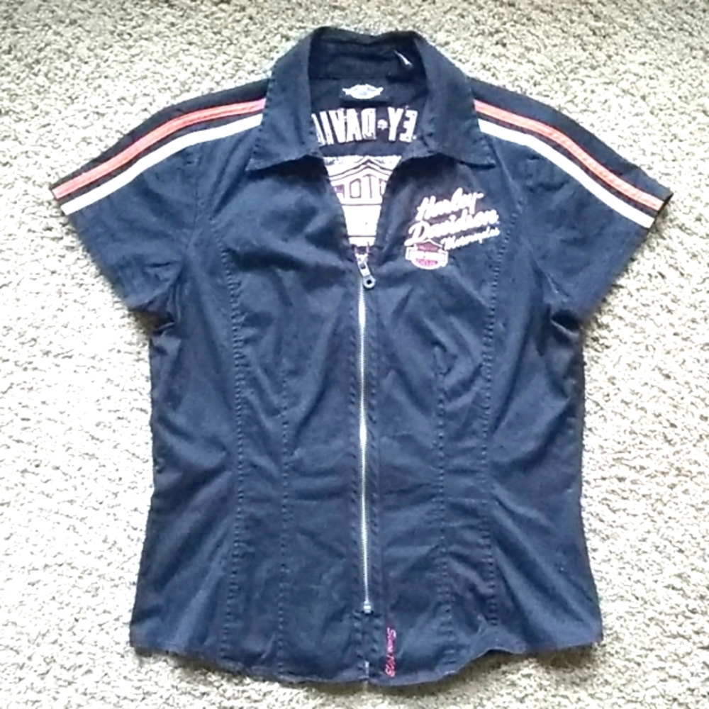 Harley Davidson unisex size M zip up collared short sleeve shirt
